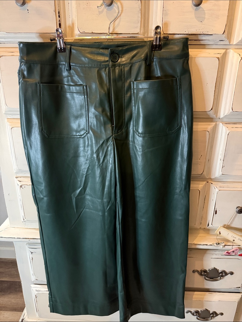 Dark Green Faux Leather Wide-Leg Women’s Jeans